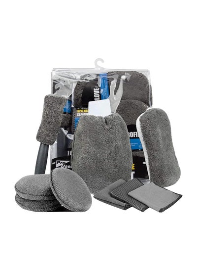 اشتري 9 Pieces Microfiber Car Cleaning Kit | 3 Microfiber Towels | 3 Applicator Pads | Scratch Free Wash Sponge | Wash Mitt | Wheel Brush | For Car, Bike, Home and Multi-Purpose Cleaning في الامارات