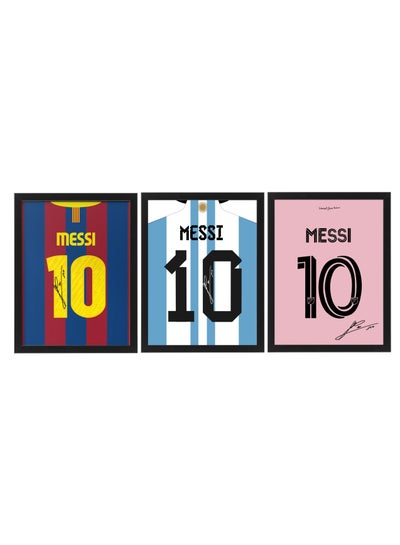 Buy Set of 3, Lionel Messi Autographed Club Jerseys Collection Poster with Frame 30x40cm in UAE