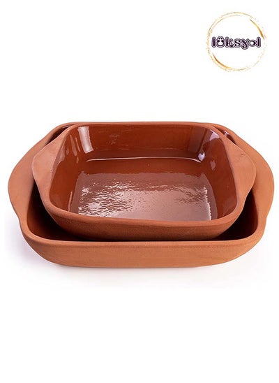 اشتري Set of 2 | Authentic Mexican Pottery for Tajine, Moroccan, Indian Cooking | Oven-Safe Clay Pans for Baking and Slow-Cooking | Lead-Free, Brown Glazed Cookware with Handles في الامارات