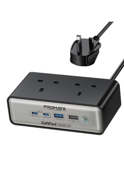 اشتري Promate Charging Station, 6-In-1 Multi-Port 65W Ganfast Power Extension With Dual 3250W Ac Sockets, Dual 65W Usb-C™ Power Delivery Ports, Qc 3.0 Port, 2M Cable في السعودية