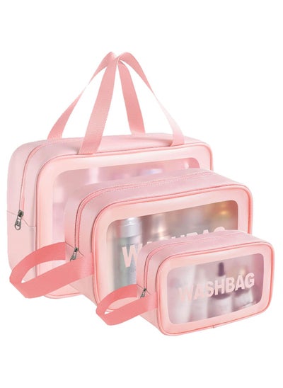 Buy Cosmetic Bag,3 Pcs Toiletry Bag Makeup Bag Travel Bag Set for Toiletries, Portable Toiletry Bags for Traveling Women, Translucent Waterproof Make Up Bag for Travel and Bathroom (Pink) in UAE