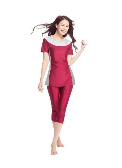 Buy 2-Piece Burkini Set Wine Red/Grey in UAE