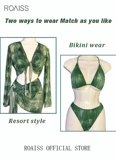 اشتري Women 4pcs Tie Dye Halter Triangle Bikini Swimsuit Cover Up Top with Skirt Set Mesh Dress Swimwear Ladies Beachwear Bathing Suit for Summer Green في السعودية