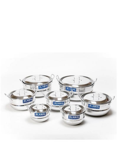 Buy A set of aluminum pots from Al Amal consisting of 7 pots with two handles, Egyptian made, in various sizes including (16/18/20/22/24/28/30 cm), to meet the various cooking needs in your kitchen. in Saudi Arabia