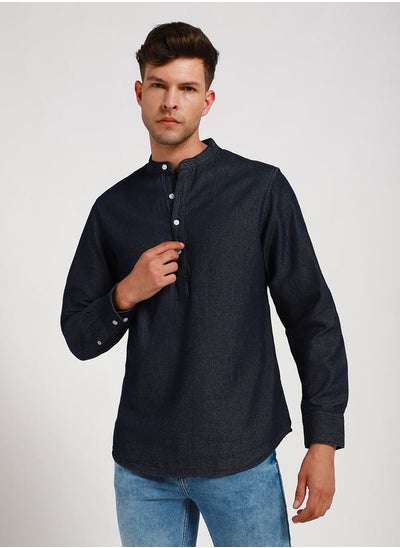 Buy Mandarin Collar Casual Shirt with Roll-Up Sleeve in Saudi Arabia