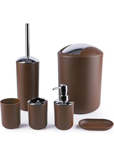 اشتري Bathroom Accessories Set, Plastic Gift Bath Set of 6 with Trash Can, Toilet Brush, Toothbrush Holder, Soap Dispenser, Soap Dish, Soap and Lotion Set, Traveling Cup (Brown) في الامارات