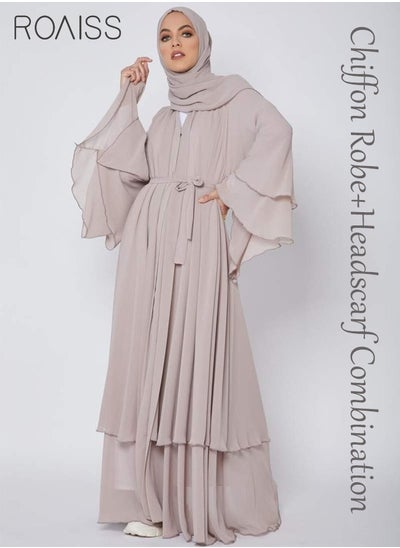 Buy Solid Color Double Layered Chiffon Muslim Abaya Dress for Women's Daily Commuting Banquet Formal Occasion Cardigan Robe Paired With Same Color Buckle Belt (excluding matching dress and headscarf) in Saudi Arabia