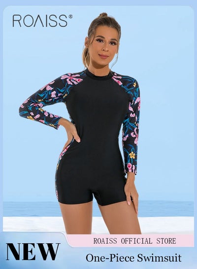 Buy Women One Piece Backless Swimsuit Color Block Surf Clothes Long Sleeve Swimwear Conservative Beachwear Bathing Suit Sports Suits Jumpsuit in Saudi Arabia