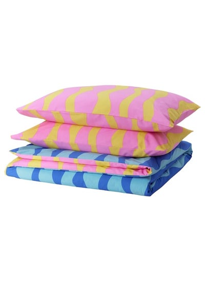 اشتري Duvet cover and 2 pillowcases, blue/light pink, 240x220/50x80 cm في السعودية