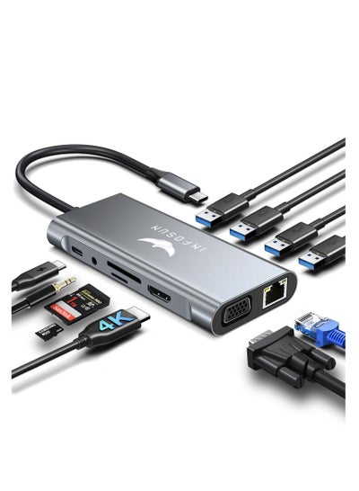 اشتري محول محور USB C من INFSUN ، محطة دونجل 11 في 1 من النوع C ، محول USB-C إلى 4K HDMI متعدد المنافذ مع RJ45 إيثرنت ، VGA ، USB 3.0 ، 100W PD ، SD / TF قارئ بطاقة في السعودية