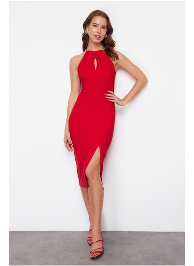 Buy Red Fitted Elegant Evening Dress with Woven Accessories TPRSS24EL00094 in Egypt