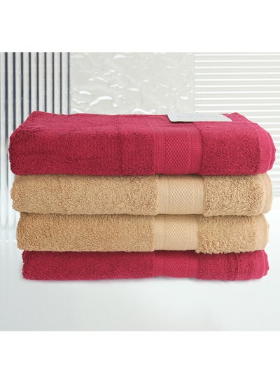 اشتري 4 Piece Bathroom Towel Set NEW GENERATION 450 GSM 100% Cotton Terry 4 Bath Towel 70x140 cm Red & Brown Color Soft Feel Super Absorbent في الامارات