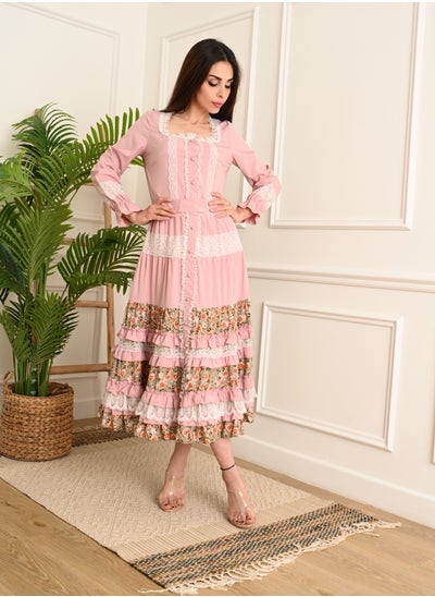 Buy Layered midi dress with long sleeves and a wide neckline, decorated with lace, pink in Saudi Arabia