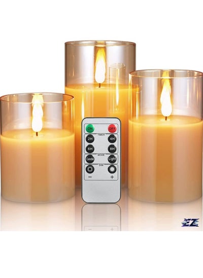 اشتري LED Flameless Candles – Battery Operated with Real Wax, Flickering Moving Wick Effect, Gold Halloween Glass Candle Set, Remote Control & Cycling Timer, 10cm, 12.5cm, 15cm, Set of 3 في الامارات