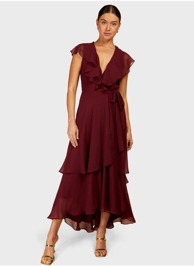 Buy V - Neck Tie Detail Ruffle Dress in UAE