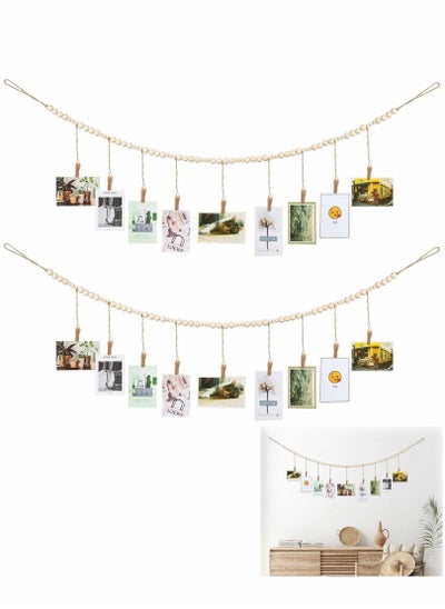 Buy Wall Hanging Photo Display, 2PCS with Wooden Beads Garland, Collage Picture Frame for Boho Wall Decoration, DIY Photo Holders with 9 Wood Clips, Rustic Country Decor, Home Nursery Room Dorm Decor in UAE