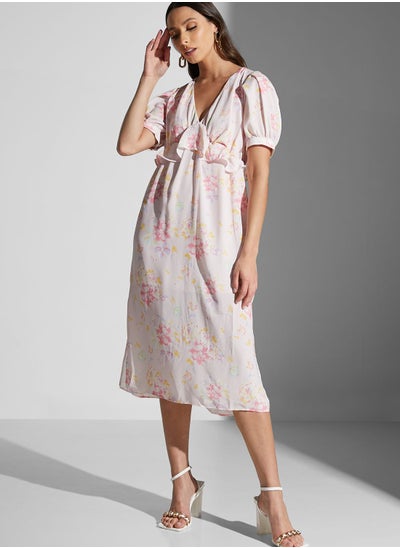 Buy V-Neck Printed Ruffle Detal Dress in UAE