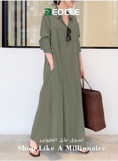 Buy Women's Shirt Dress with Basic Loose Fit Solid Color Long Sleeved Simple Casual Long Dress Slim Dress with Pockets in UAE