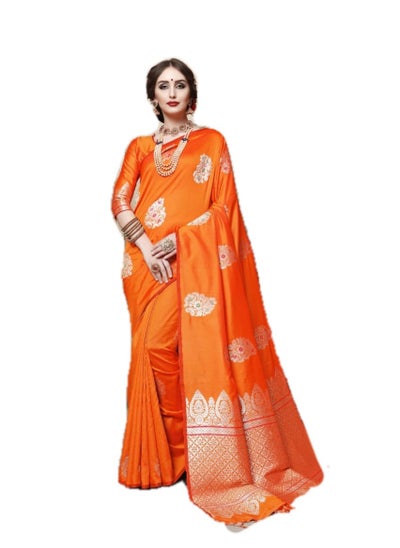 Buy Trendy stylish Orange Weaving Silk Saree With Weaving Unique Leaf Design Border And Unstitched Blouse in UAE