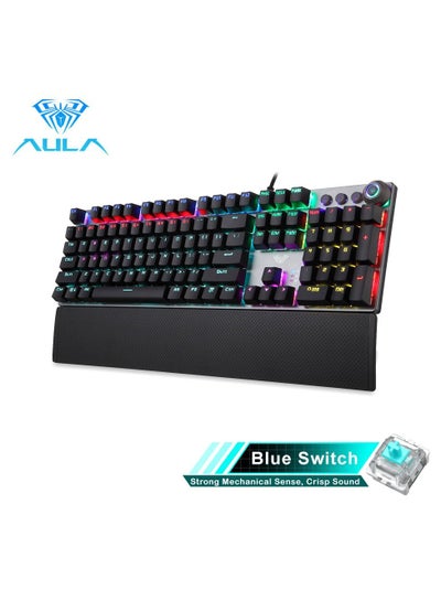 اشتري لوحة مفاتيح الألعاب الميكانيكية AULA F2088، مع مفاتيح وسائط ، مسند معصم قابل للفصل، لوحة معدنية متينة، إضاءة LED بألوان قوس قزح، 104 مفتاح، لوحة مفاتيح مريحة للألعاب الكمبيوتر الشخصي (مفتاح أزرق) في الامارات