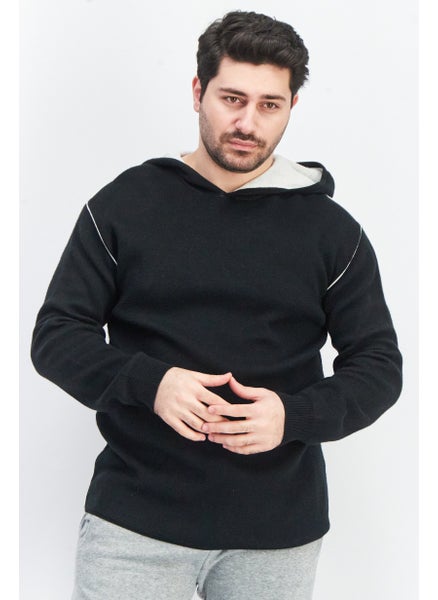 Buy Men Hooded Textured Long Sleeve Sweatshirt, Black in UAE