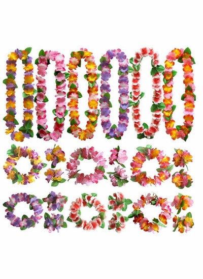 اشتري 24 PCS Hawaiian Wreath Headband Wristbands Tropical Flower Leaf Hawaii Necklace Headpiece Bracelets Wedding Vacation Summer Beach Carnival Party Garland Decorations في السعودية