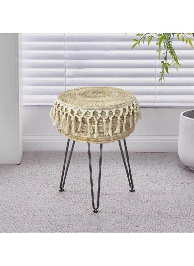 Buy Handcrafted Woven Stool with Tassel Details Boho Style Round Ottoman Sturdy Metal Legs Perfect for Living Room Bedroom or Patio 32x45x32cm in UAE