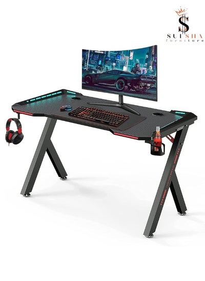 اشتري Gaming Desk with RGB LED Colors Light Headset Hook Cup Holder Size 120 Centimeters في الامارات