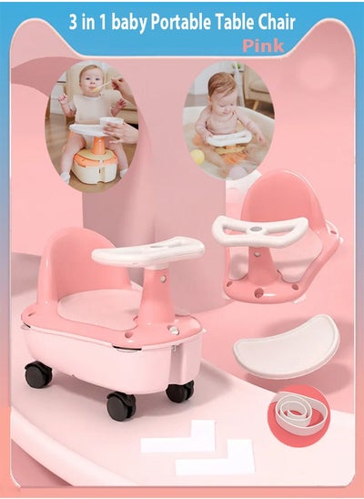 اشتري baby bath seat, 3 in 1 Portable Table Chair, Baby Walker and Multifunctional Storage Seat with PU Soft Seat Cushion and Universal wheel(Pink) في السعودية