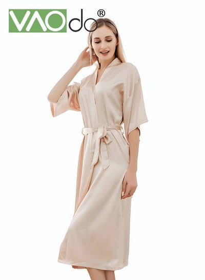 Buy Women's Bathrobe Ice Silk Satin Cooling Nightgown Breathable Skin-friendly Bathrobe Champagne Gold in UAE