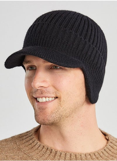 Buy Men's Winter Visor Beanie Hat with Earflaps Knit Baseball Cap with Brim Ski Hat Warm Fleece Lined Hunting Hat Black in Saudi Arabia