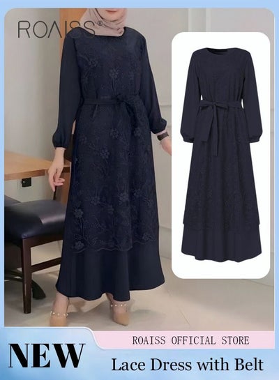 Buy Women's Round Neck Gown Lace Decoration Long Sleeve Waisted Loose Long Dress in UAE