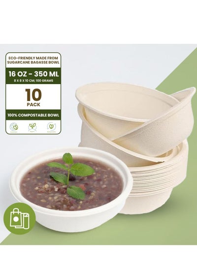 Buy Ecoway Compostable Heavy Duty Made Of Bagasse Cane Fibers - [12 Ounce - 350 Ml, Pack Of 10] Disposable Bowls Eco-Friendly Biodegradable Perfect For Salad, Soup, Dessert, Hot or Cold Use, White in UAE