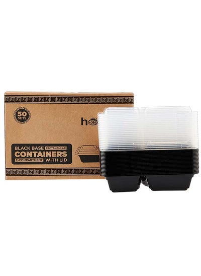 اشتري Hotpack Disposable Microwavable Container Rectangular Black Base 2-Compartment with Clear Lid 50-Pieces في الامارات