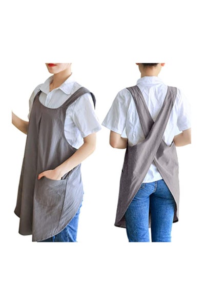 Buy Soft Cotton Linen Apron Solid Color Halter Cross Bandage Aprons with 2 Pockets Women’s Cross Back Apron Baking Gardening Cleaning Works Japanese Style X Shape Kitchen Cooking Clothes Grey in Saudi Arabia