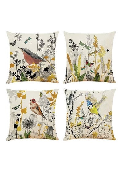 Buy Set of 4 Decorative Throw Pillow Covers 18x18'' Birds Butterfly and Plant Cushion Covers 45cm x 45cm Boho Linen Square Throw Pillow Cases for Living Room Sofa Couch Bed Pillowcases in UAE