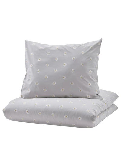 Buy Duvet Cover And Pillowcase Floral Pattern Grey White 150X200 50X80 Cm in Saudi Arabia