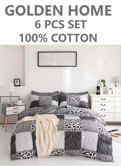 اشتري 6-Piece Single Size Cotton Printed Combination Duvet Cover Set Includes 1xFitted Bedsheet 120x200+30cm, 1xDuvet/Bed Cover 160x210 cm, 2xPillowcase 55x80cm, 2xCushion Case 45x70cm Multicolour في الامارات