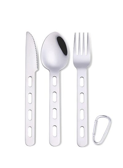 اشتري Camping Cutlery Set, 4 Pcs Stainless Steel Camping Fork Spoon Cutter Set with Carabiner, Reusable Utensils, Travel Flatware Set for Hiking, Picnic, Outdoor Backpacking, Silverware في السعودية