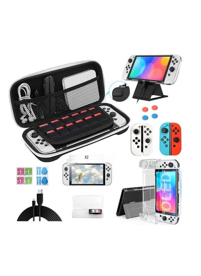 اشتري 12 PCS Set Nintendo Switch OLED Console Portable Travel Carry Case Include Screen Protector, Protective Cover Case, Data Cable, Kickstand &Thumb Grip Caps(Black) في الامارات