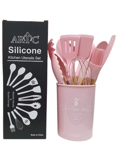 Buy ARTC 12 Pieces Heat Resistant Non-Stick Silicone Cooking Utensil Set Pink in UAE