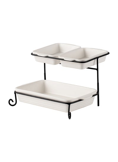 اشتري Shallow Porcelain 2-Tier Rectangular Serving Set with Black Stand Rack - 2x 20cm and 30cm في الامارات