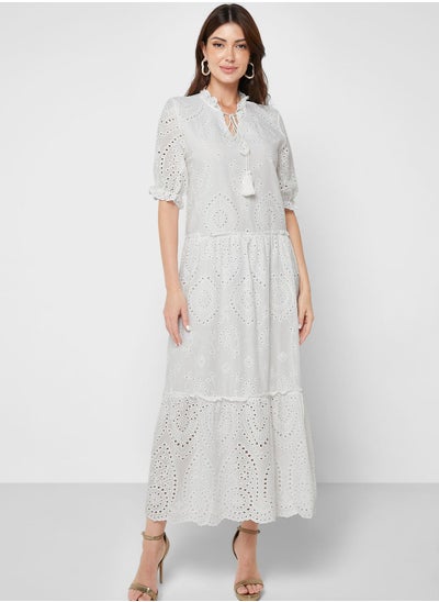 اشتري Eyelet Embroidery Detail Tiered Dress في الامارات