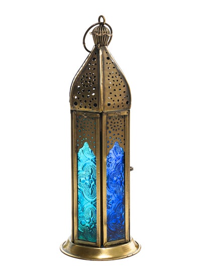 Buy HilalFul Brass Antique Blue Turquoise Decorative Candle Holder Lantern - Tall | For Home Décor in Eid, Ramadan, Wedding | Living Room, Bedroom, Indoor, Outdoor Decoration | Islamic Themed | Moroccan in Saudi Arabia