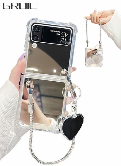 Buy Compatible with Samsung Galaxy Z Flip 4 5G Mirror Phone Case,Hard Mirror Back Soft Bumper Slim Protective Cover with Herart Mirror Bracelet,Handheld Fall Protection Phone Shell in UAE