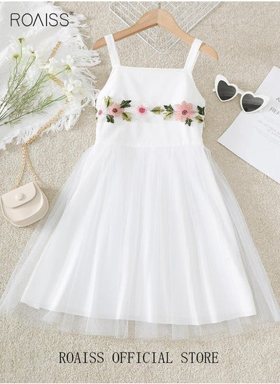 Buy Girls Floral Embroidery Guipure Lace Panel Mesh Hem Dress Princess Dress Toddler Big Kids High Waist A-Line Dress Birthday Casual Stylish Party Wear Wedding White in Saudi Arabia