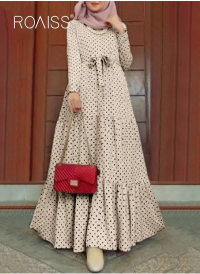 Buy Women's Long Sleeve Vintage Polka Dot Robe Long Skirt Fashion Belt Large Hem Islamic Muslim Clothing in Saudi Arabia