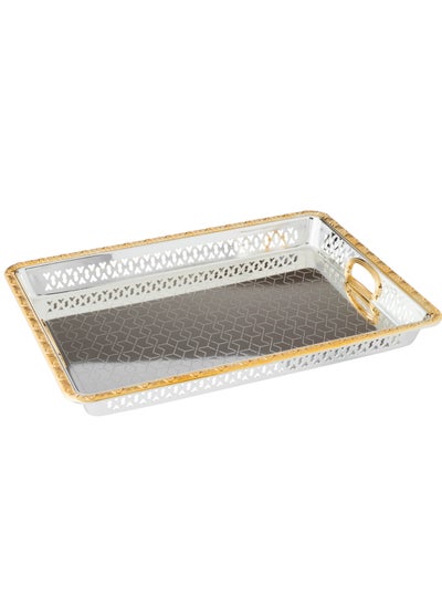 Buy Silver Rectangle Tray With Golden Frame Inner Handles Made Of Metal And Stainless Lacquered in Saudi Arabia