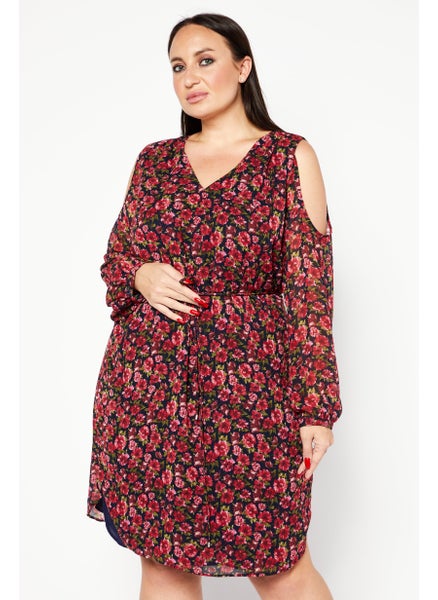 Buy Women Plus Size Floral Print Long Sleeve Mini Dress, Red/Navy in UAE