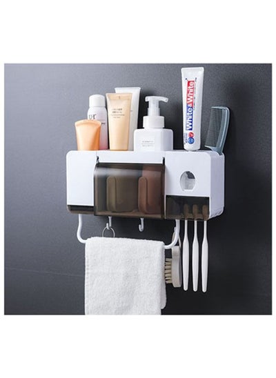 Buy Wall Mount Dustproof Multifunctional Automatic Toothpaste Dispenser and Two Cup Toothbrush Holder Set in UAE